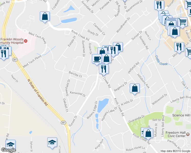 map of restaurants, bars, coffee shops, grocery stores, and more near 1101 Woodside Drive in Johnson City