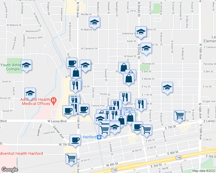 map of restaurants, bars, coffee shops, grocery stores, and more near 601 Kaweah Street in Hanford