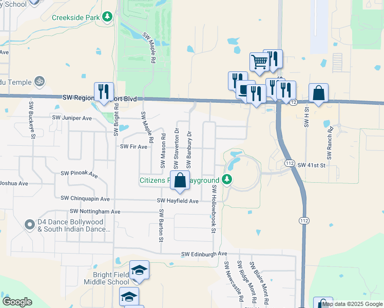map of restaurants, bars, coffee shops, grocery stores, and more near 4003 Southwest Banbury Drive in Bentonville