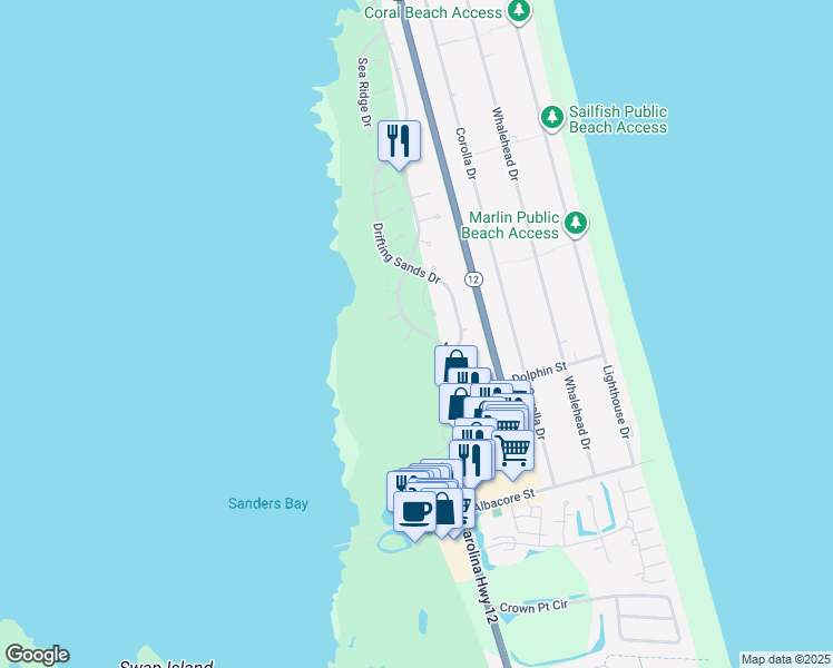 map of restaurants, bars, coffee shops, grocery stores, and more near 826 Monteray Drive in Corolla