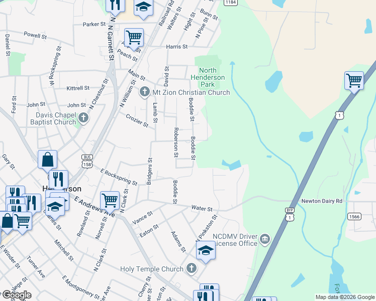 map of restaurants, bars, coffee shops, grocery stores, and more near 693 Boddie Street in Henderson