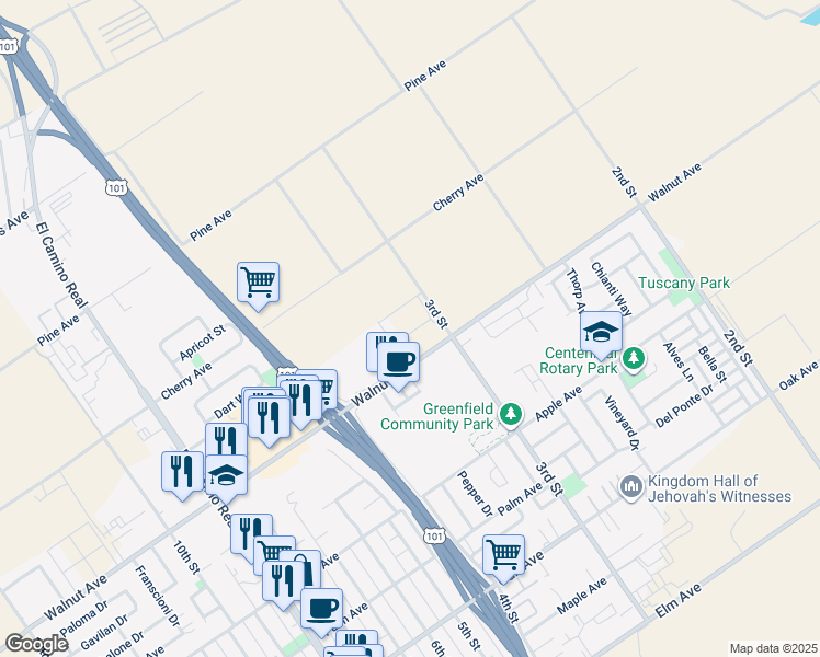 map of restaurants, bars, coffee shops, grocery stores, and more near 359 Walnut Avenue in Greenfield
