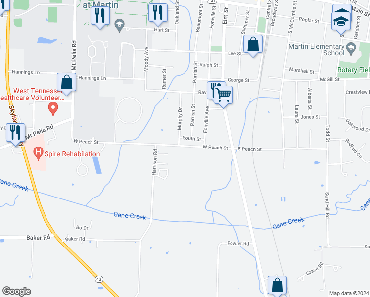 map of restaurants, bars, coffee shops, grocery stores, and more near 146 West Peach Street in Martin