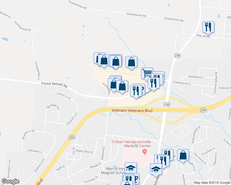 map of restaurants, bars, coffee shops, grocery stores, and more near 1050 Glenbrook Way in Hendersonville