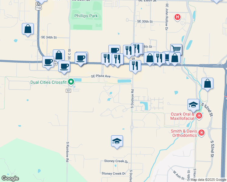 map of restaurants, bars, coffee shops, grocery stores, and more near 335 Dodson Road in Rogers