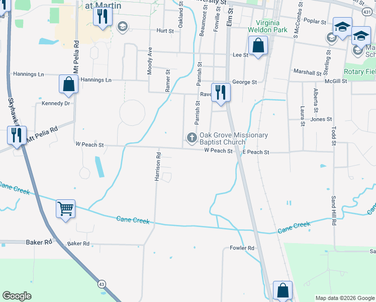 map of restaurants, bars, coffee shops, grocery stores, and more near 146 West Peach Street in Martin