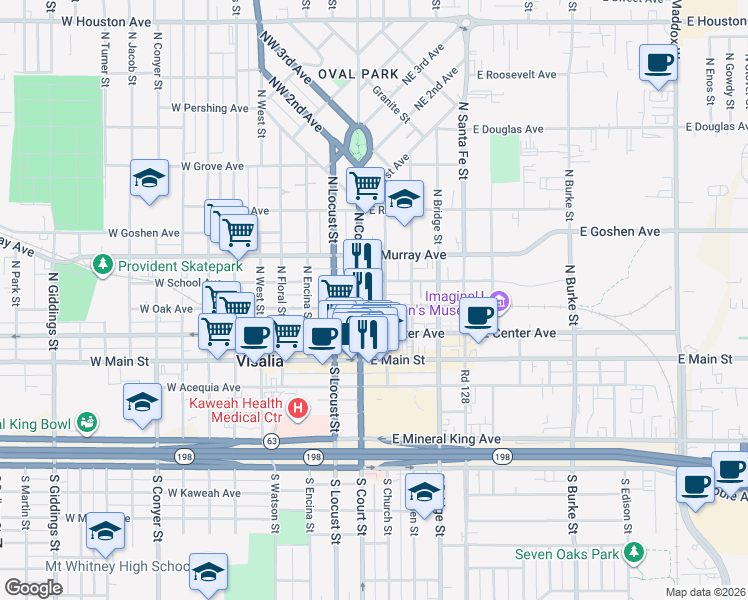 map of restaurants, bars, coffee shops, grocery stores, and more near in Visalia
