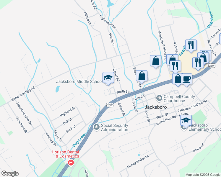 map of restaurants, bars, coffee shops, grocery stores, and more near 150 Eagle Circle in Jacksboro