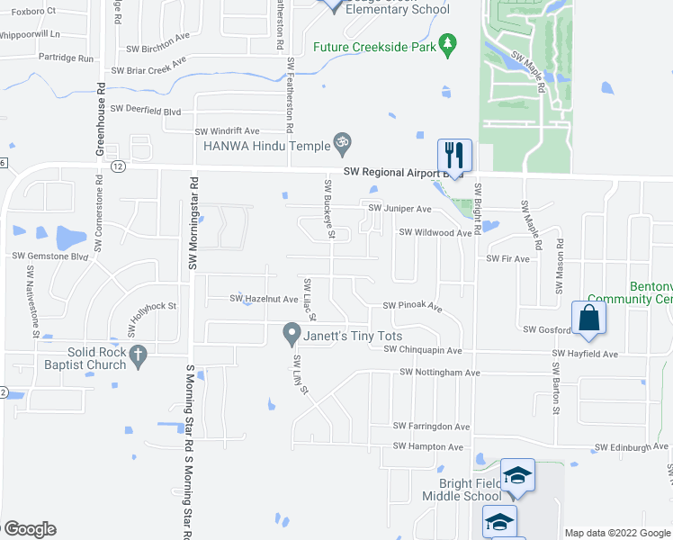 map of restaurants, bars, coffee shops, grocery stores, and more near 4005 Southwest Buckeye Street in Bentonville