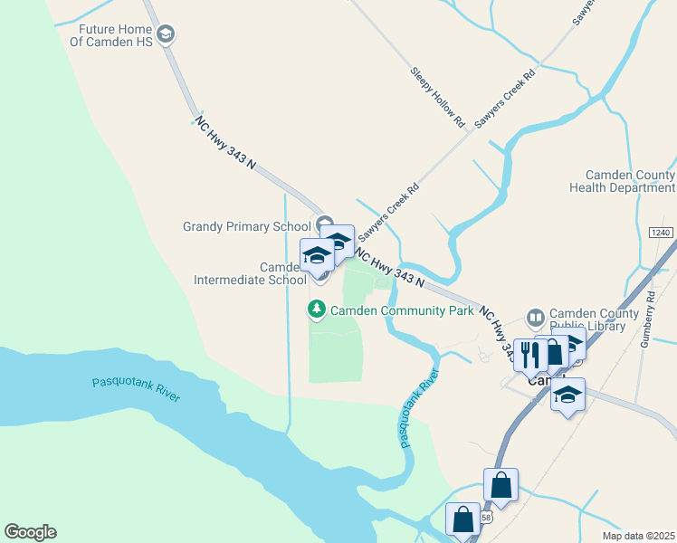 map of restaurants, bars, coffee shops, grocery stores, and more near 175 North Carolina Highway 343 South in Camden