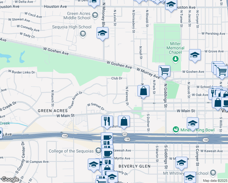 map of restaurants, bars, coffee shops, grocery stores, and more near 1932 Green Acres Drive in Visalia