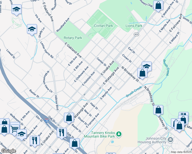 map of restaurants, bars, coffee shops, grocery stores, and more near 607 East Oakland Avenue in Johnson City