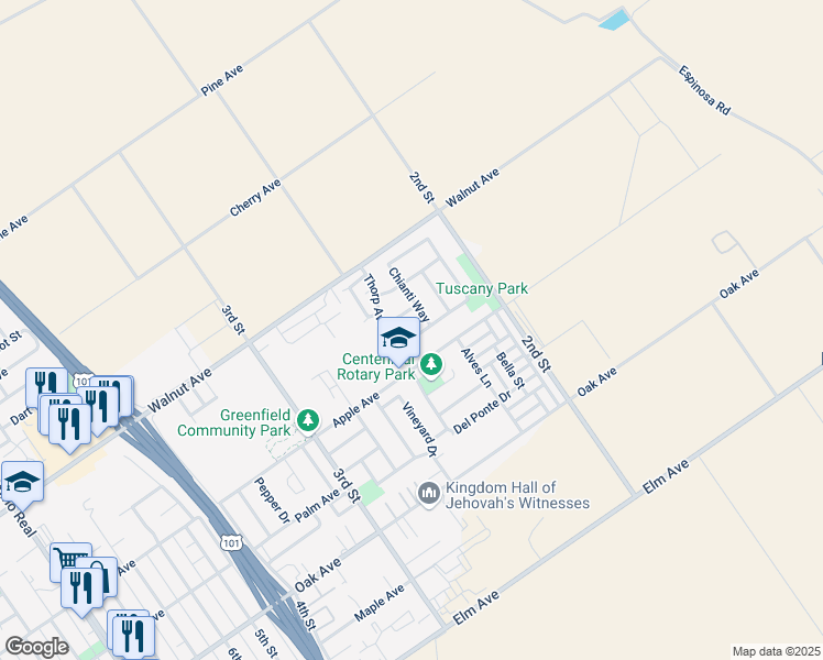 map of restaurants, bars, coffee shops, grocery stores, and more near 233 Bianco Way in Greenfield