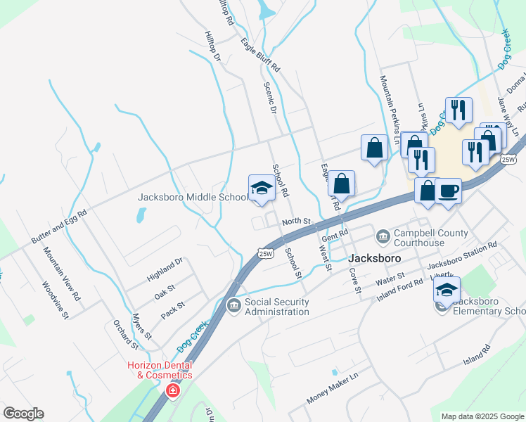 map of restaurants, bars, coffee shops, grocery stores, and more near 150 Eagle Circle in Jacksboro