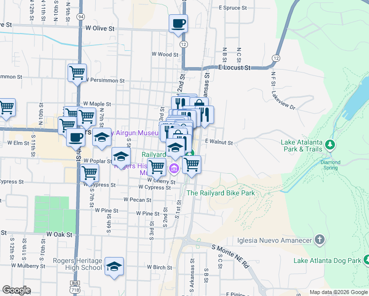 map of restaurants, bars, coffee shops, grocery stores, and more near 116 South 1st Street in Rogers