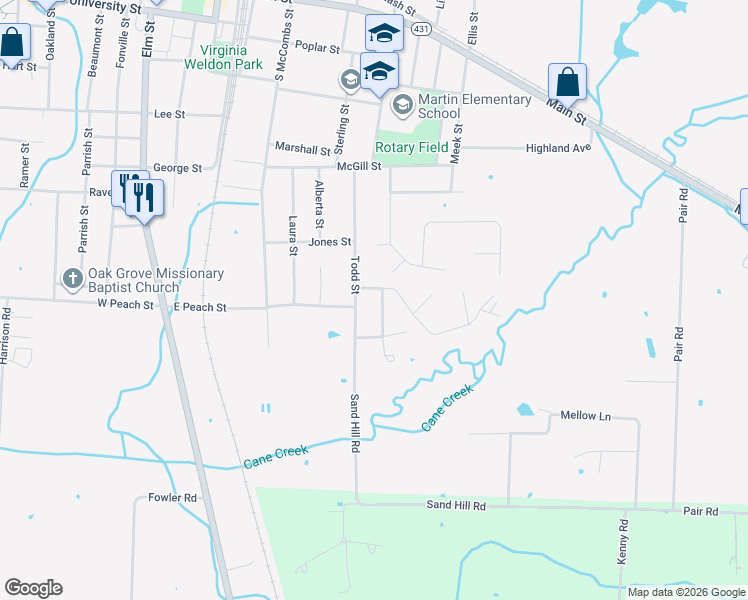 map of restaurants, bars, coffee shops, grocery stores, and more near 108 Southfield Cove in Martin