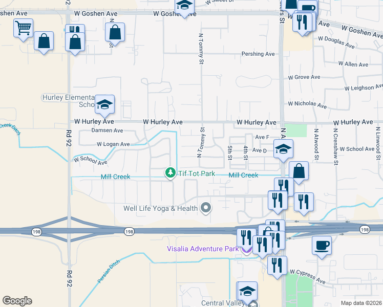 map of restaurants, bars, coffee shops, grocery stores, and more near 6018 West School Court in Visalia