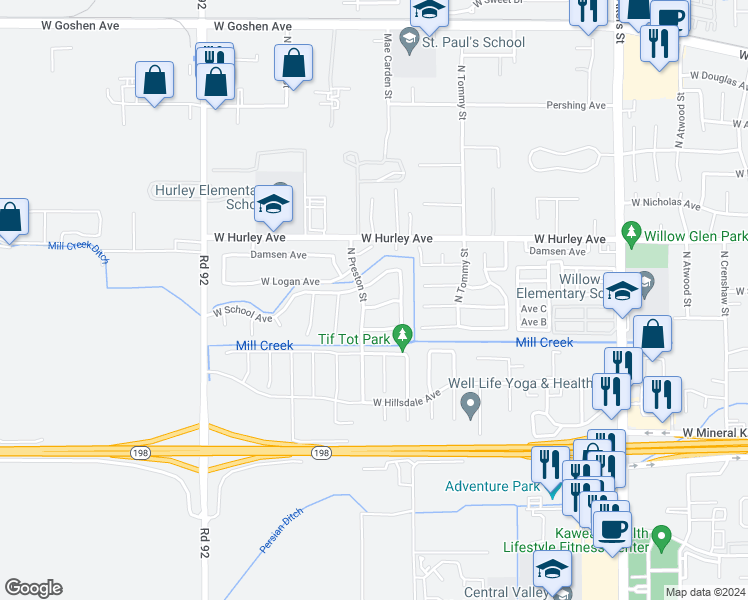 map of restaurants, bars, coffee shops, grocery stores, and more near 6226 West Oak Avenue in Visalia