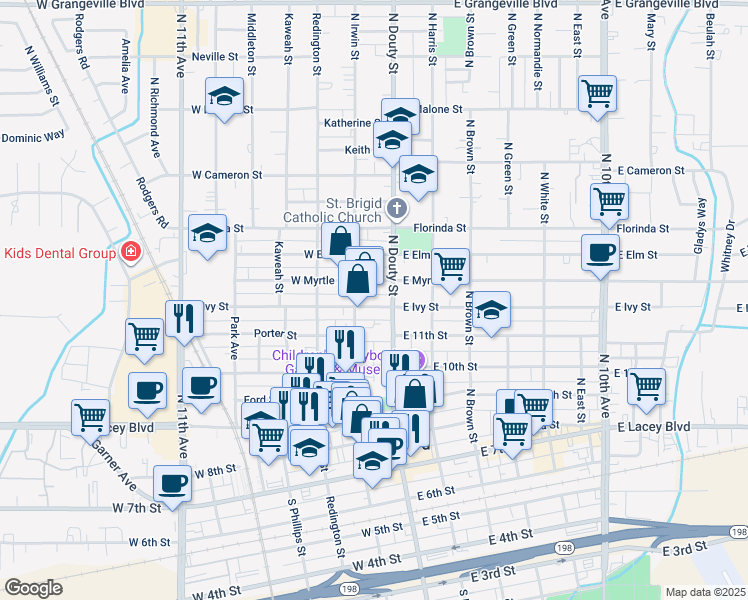 map of restaurants, bars, coffee shops, grocery stores, and more near 735 North Irwin Street in Hanford