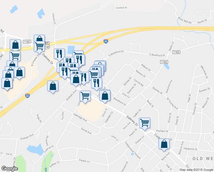 map of restaurants, bars, coffee shops, grocery stores, and more near 1189 Coble Boulevard in Henderson