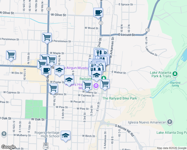 map of restaurants, bars, coffee shops, grocery stores, and more near 120 South 2nd Street in Rogers
