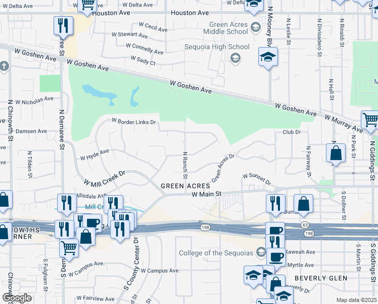 map of restaurants, bars, coffee shops, grocery stores, and more near 328 North Ranch Street in Visalia