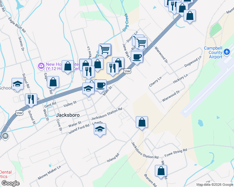 map of restaurants, bars, coffee shops, grocery stores, and more near 207 Main Street in Jacksboro