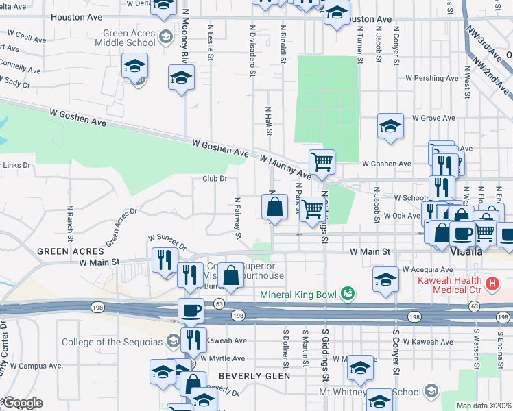 map of restaurants, bars, coffee shops, grocery stores, and more near 1600-1710 West School Avenue in Visalia