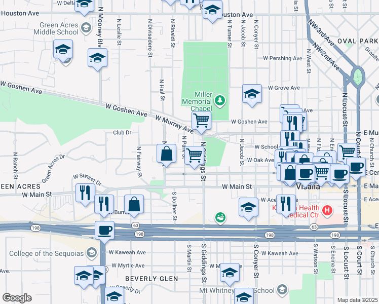 map of restaurants, bars, coffee shops, grocery stores, and more near 316 North Park Street in Visalia