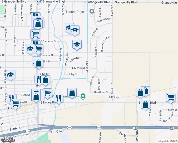 map of restaurants, bars, coffee shops, grocery stores, and more near 1132 E Myrtle St in Hanford