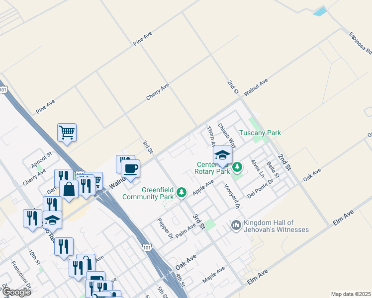 map of restaurants, bars, coffee shops, grocery stores, and more near 41206 Walnut Avenue in Greenfield