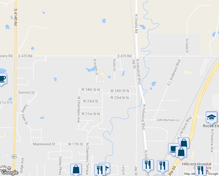 map of restaurants, bars, coffee shops, grocery stores, and more near 836 West 24th Street North in Claremore