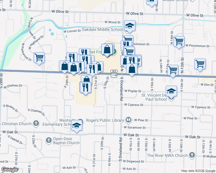 map of restaurants, bars, coffee shops, grocery stores, and more near 110 South 20th Street in Rogers