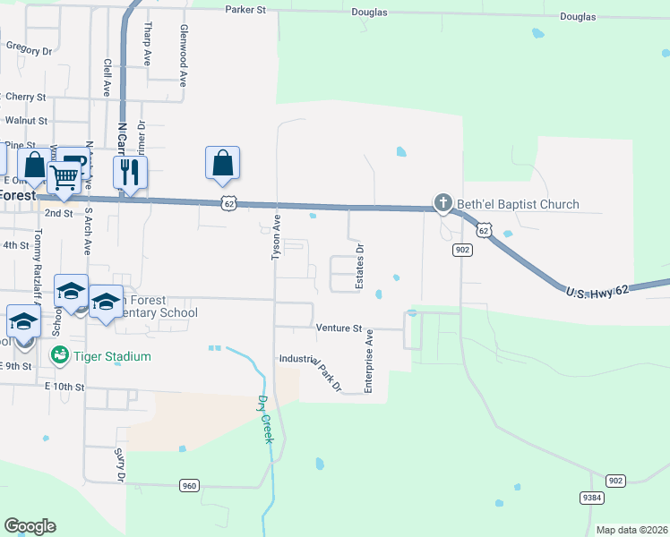 map of restaurants, bars, coffee shops, grocery stores, and more near 501-549 Forest Avenue in Green Forest