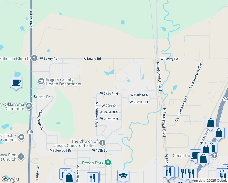 map of restaurants, bars, coffee shops, grocery stores, and more near 1100 West 24th Street North in Claremore