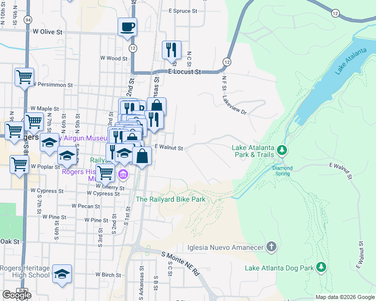 map of restaurants, bars, coffee shops, grocery stores, and more near 411 East Walnut Street in Rogers
