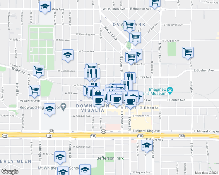 map of restaurants, bars, coffee shops, grocery stores, and more near 309 West School Avenue in Visalia