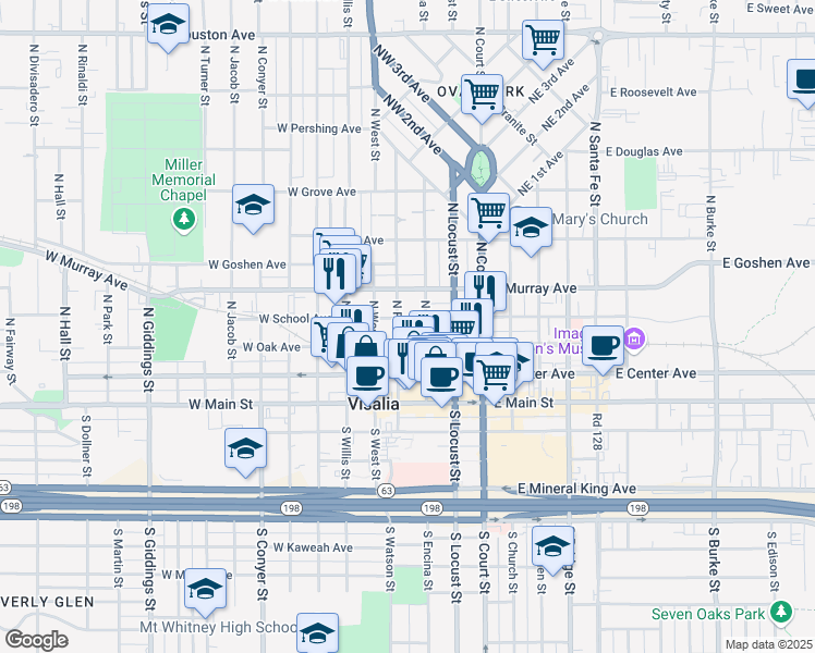 map of restaurants, bars, coffee shops, grocery stores, and more near 306 West School Avenue in Visalia