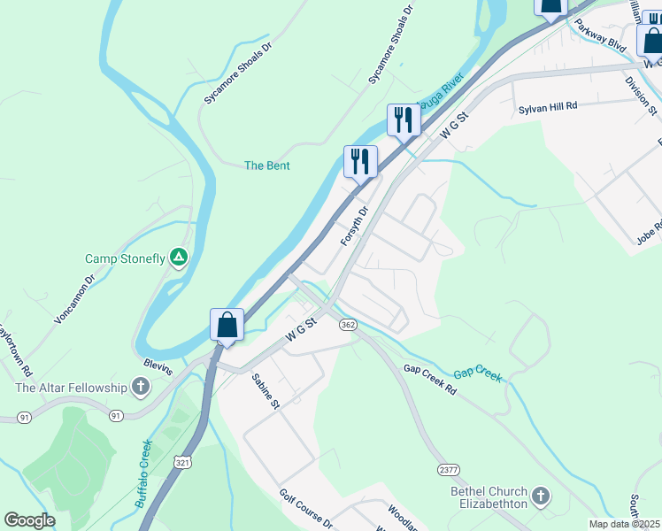 map of restaurants, bars, coffee shops, grocery stores, and more near 2138 W Elk Ave in Elizabethton