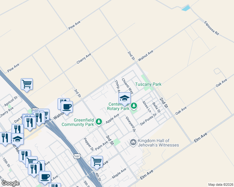 map of restaurants, bars, coffee shops, grocery stores, and more near 359 Barolo Circle in Greenfield