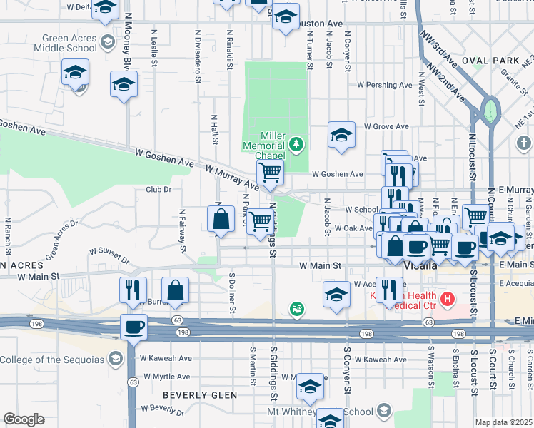 map of restaurants, bars, coffee shops, grocery stores, and more near 317 North Giddings Street in Visalia