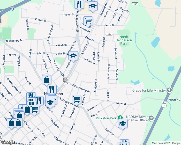 map of restaurants, bars, coffee shops, grocery stores, and more near 208 Carolyn Court in Henderson