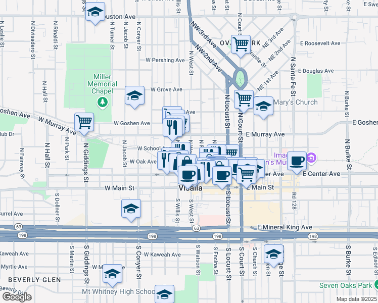 map of restaurants, bars, coffee shops, grocery stores, and more near 313 North West Street in Visalia