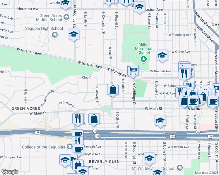 map of restaurants, bars, coffee shops, grocery stores, and more near 317 North Hall Court in Visalia