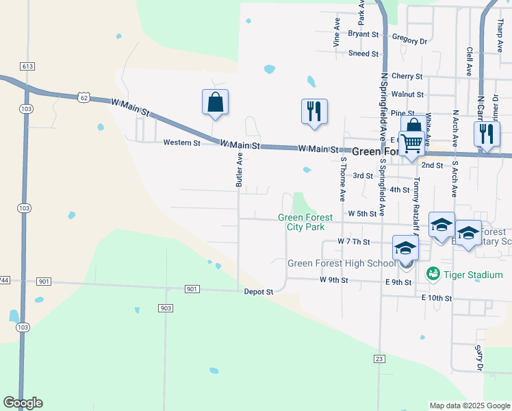 map of restaurants, bars, coffee shops, grocery stores, and more near 508 West 6th Street in Green Forest