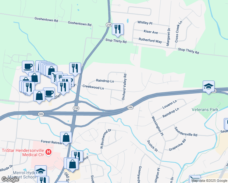 map of restaurants, bars, coffee shops, grocery stores, and more near 127 Creekwood Lane in Hendersonville