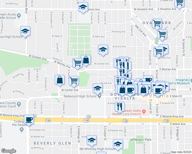map of restaurants, bars, coffee shops, grocery stores, and more near 345 North Jacob Street in Visalia