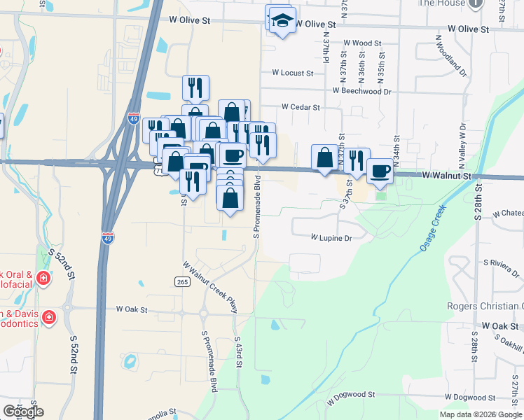 map of restaurants, bars, coffee shops, grocery stores, and more near 303 Promenade Boulevard in Rogers