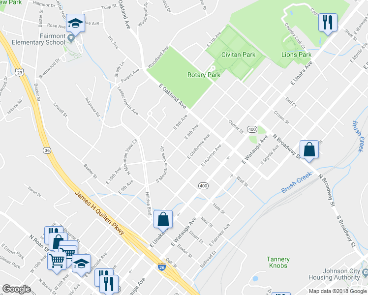 map of restaurants, bars, coffee shops, grocery stores, and more near 909 East Chilhowie Avenue in Johnson City