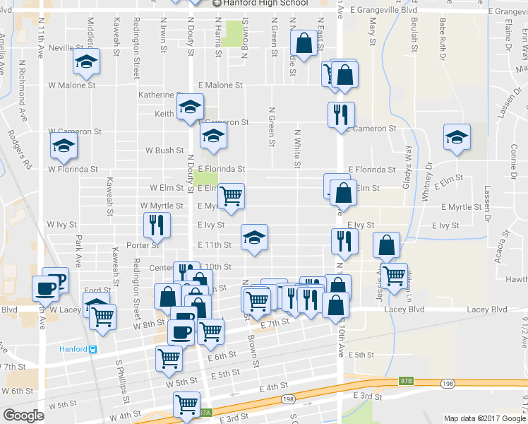 map of restaurants, bars, coffee shops, grocery stores, and more near 323 East Myrtle Street in Hanford